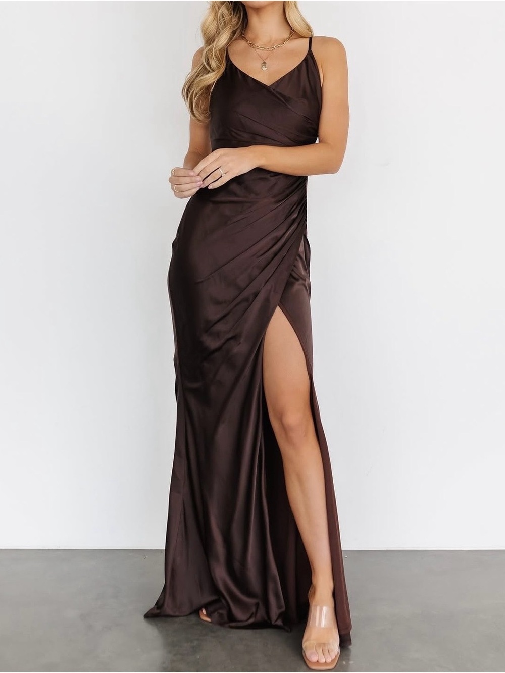 Baltic Born Monet Brown Satin Formal Maxi Dress
• Size Medium
